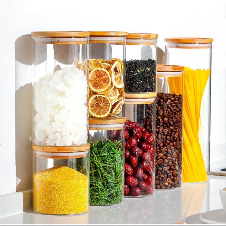 Customized capacity high borosilicate glass container food storage glass jars with wood lid