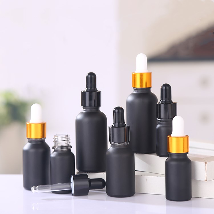 wholesale 5ml-100ml matte black glass cosmetic bottle with dropper