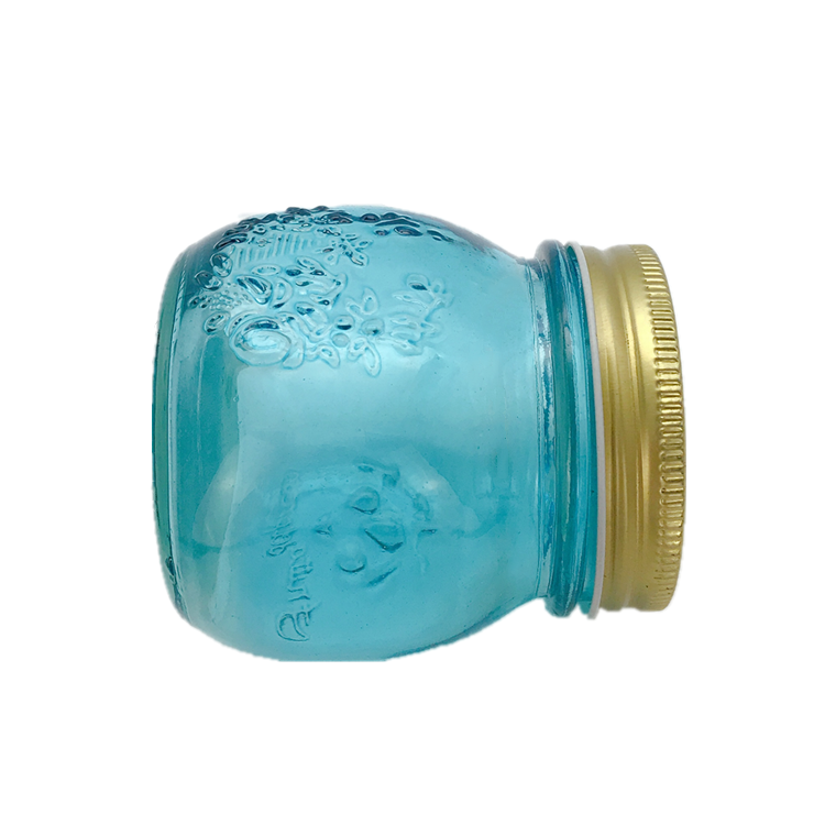 custom made 10oz 300ml blue color embossed glass food jar with metal lid