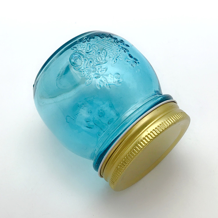 custom made 10oz 300ml blue color embossed glass food jar with metal lid