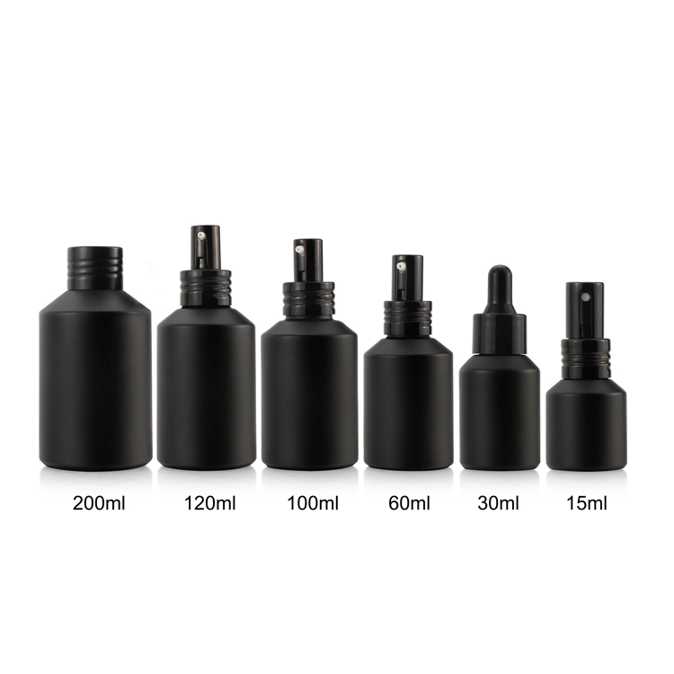 Cosmetic packaging 15ml 30ml 60ml 125ml 200ml black glass spray bottles full set frosted amber glass bottle with black pump