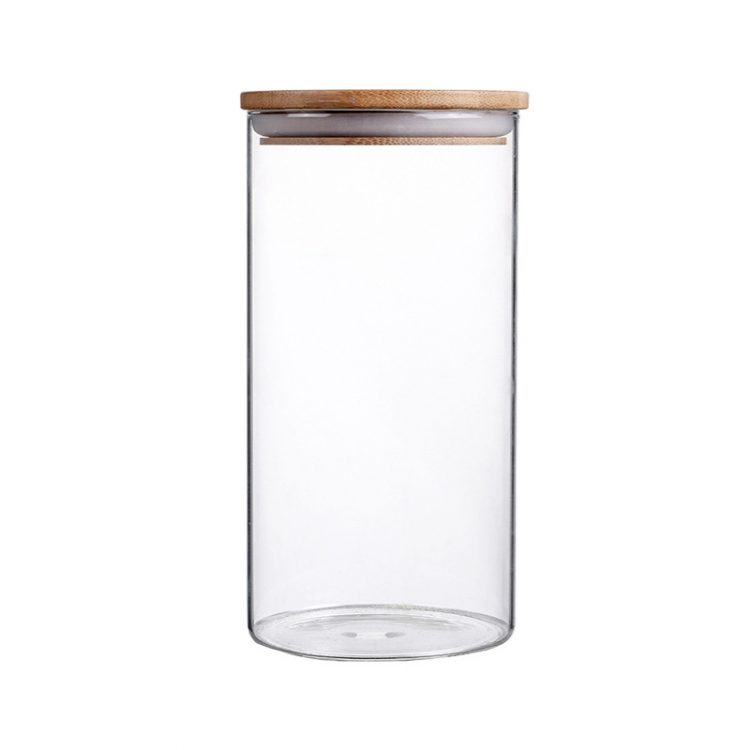 Cheap airtight cylinder food candy containers glass storage jars with wooden top lid