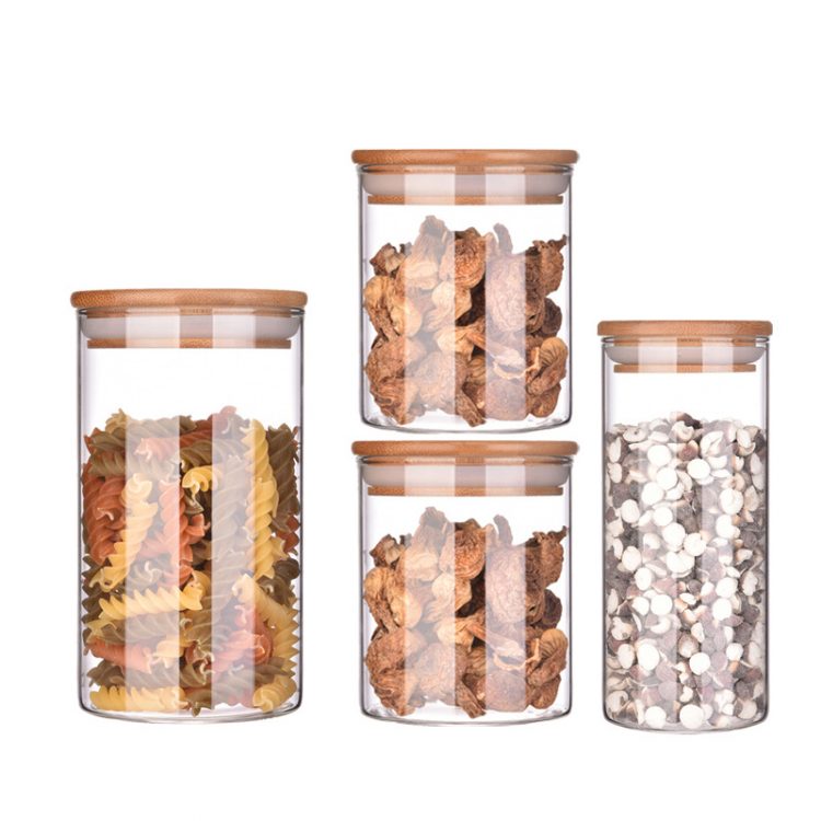 Cheap airtight cylinder food candy containers glass storage jars with wooden top lid