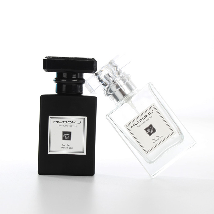 high quality 30ml 50ml black and clear square glass perfume bottle with spray cap