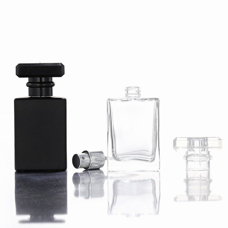 high quality 30ml 50ml black and clear square glass perfume bottle with spray cap