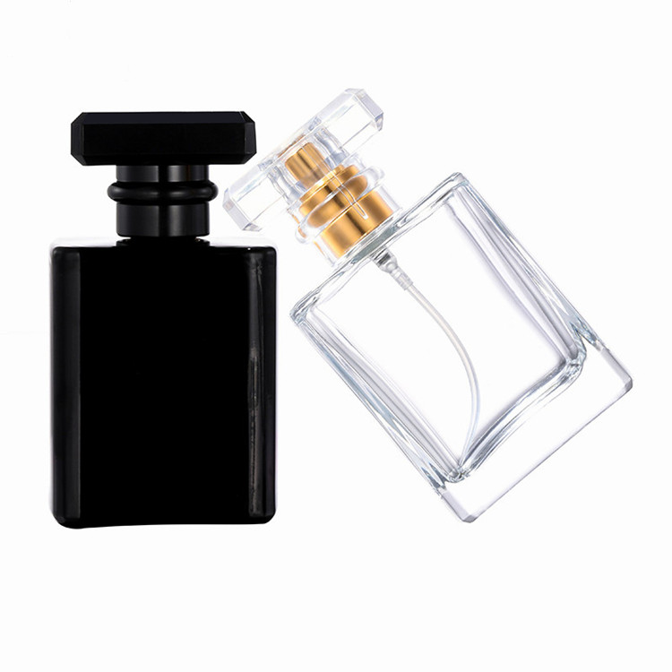 high quality 30ml 50ml black and clear square glass perfume bottle with spray cap