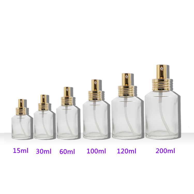 hot sale 15ml-200ml round cosmetic glass bottles with spray cap and pump