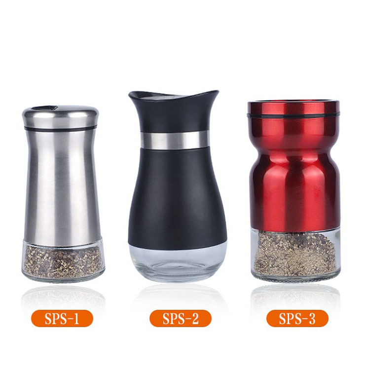 Hot more choices stainless steel salt and pepper shaker, customized color glass spice bottle