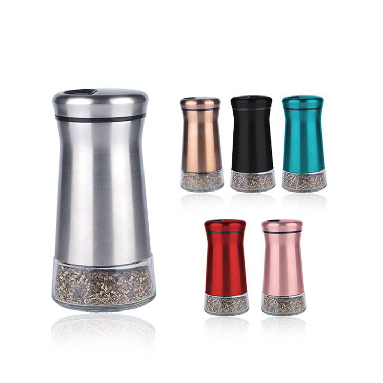 Hot more choices stainless steel salt and pepper shaker, customized color glass spice bottle