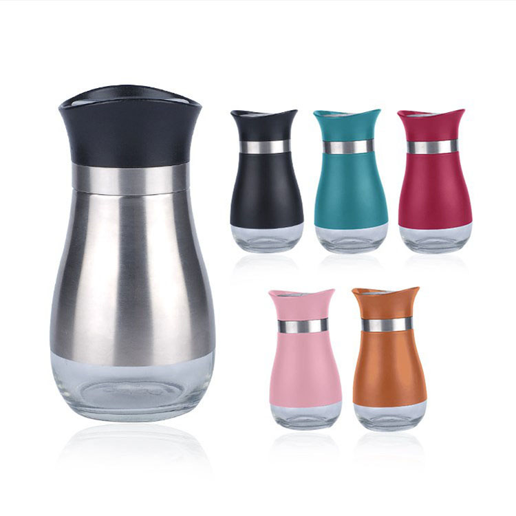 Hot more choices stainless steel salt and pepper shaker, customized color glass spice bottle