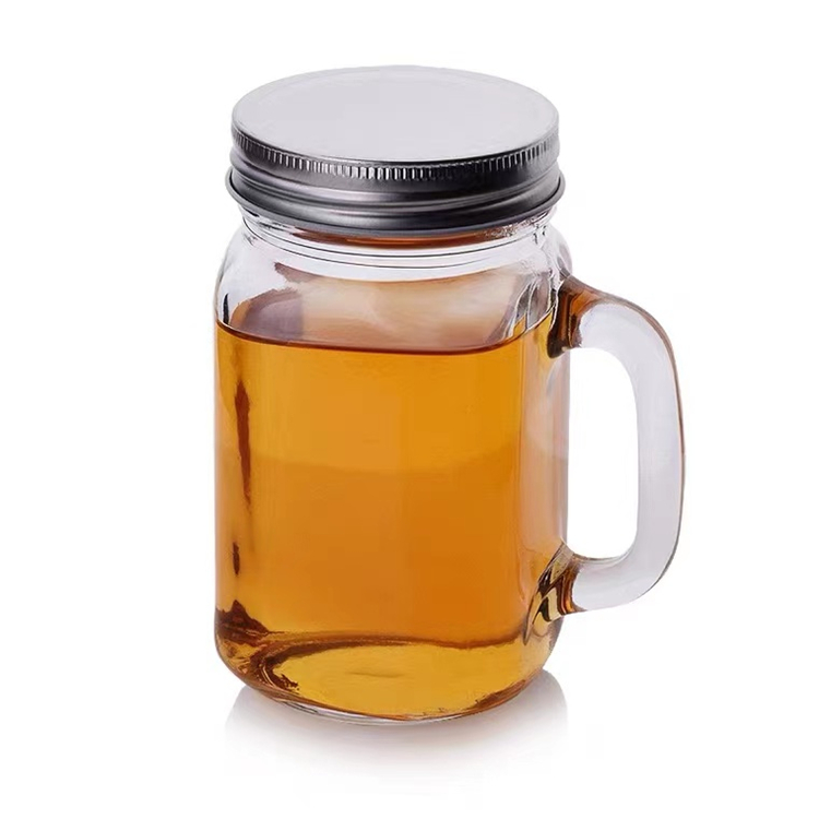 Custom design 400ml glass mason jar with handle and screw top lid for tea juice beverage