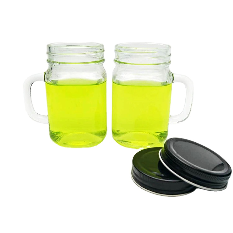 Custom design 400ml glass mason jar with handle and screw top lid for tea juice beverage