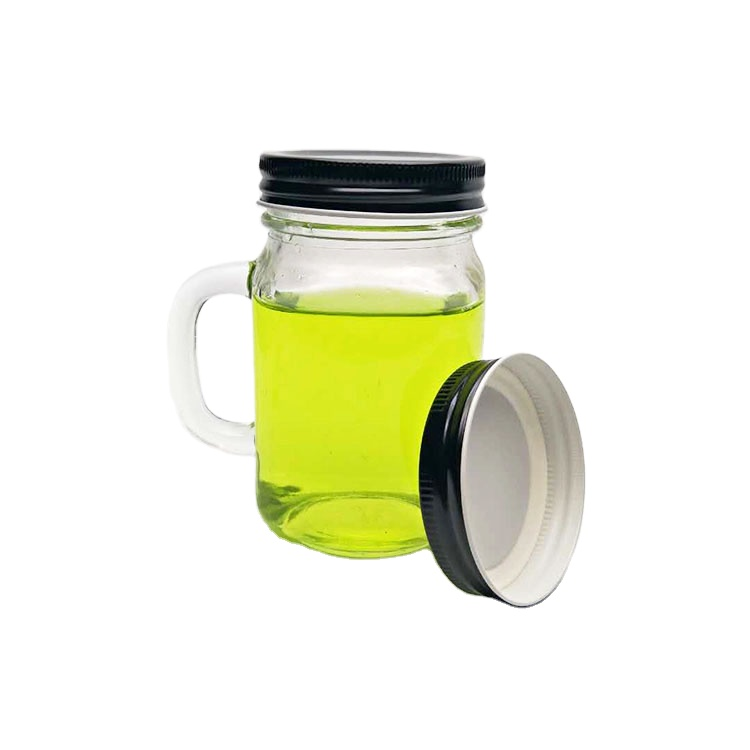 Custom design 400ml glass mason jar with handle and screw top lid for tea juice beverage