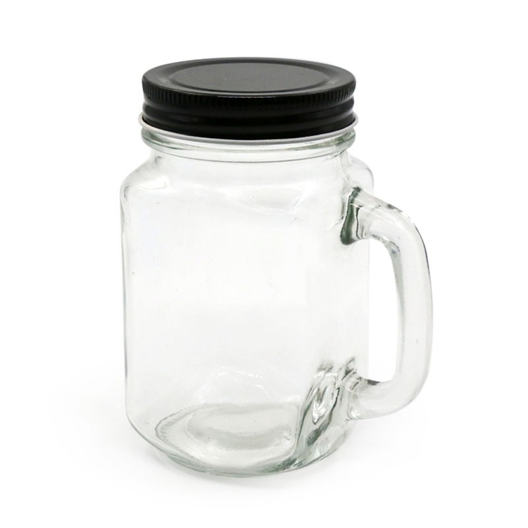 Custom design 400ml glass mason jar with handle and screw top lid for tea juice beverage