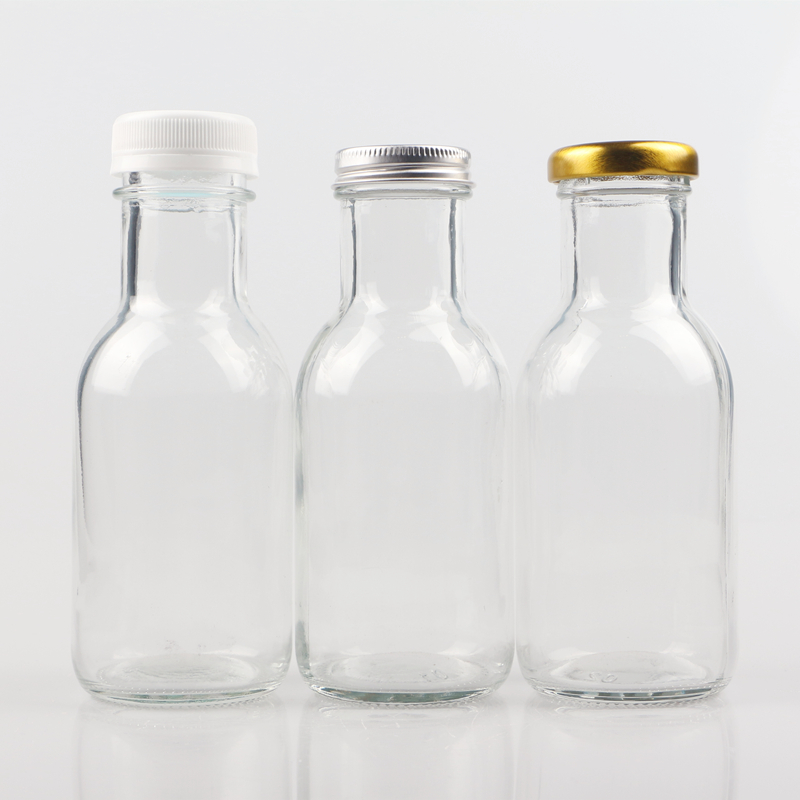 Empty 250ml 25cl clear round juice soft drink beverage glass bottles with plastic cap/aluminum cover/iron lids