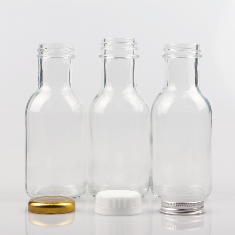 Empty 250ml 25cl clear round juice soft drink beverage glass bottles with plastic cap/aluminum cover/iron lids