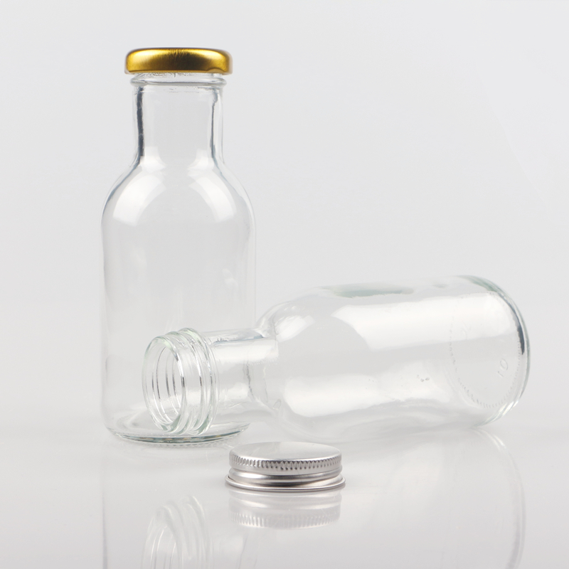 Empty 250ml 25cl clear round juice soft drink beverage glass bottles with plastic cap/aluminum cover/iron lids