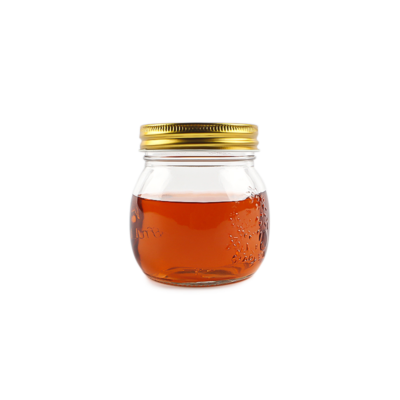 Embossed pattern 300ml mason jarfor honey sauce jam glass food container with metal lid