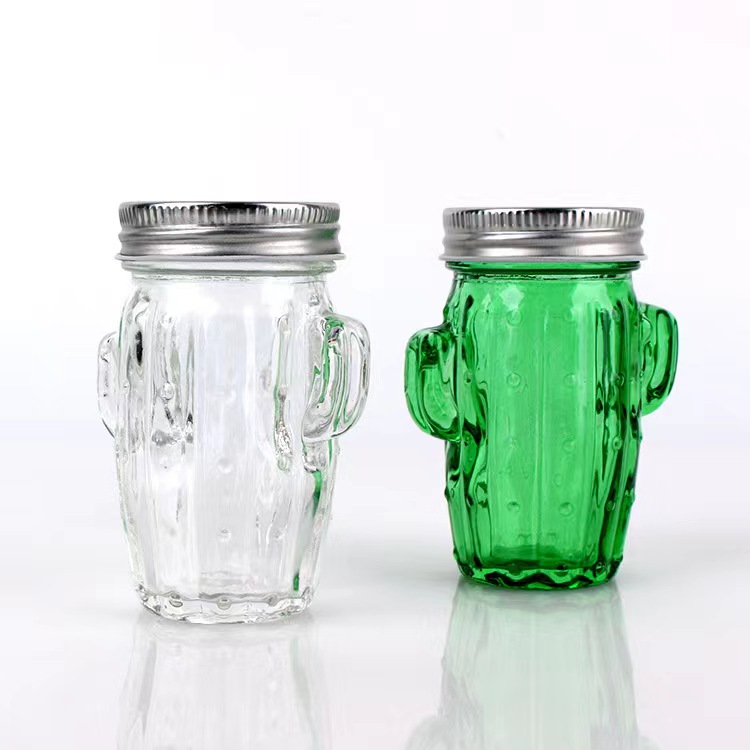 Embossed 100ml Mini Cactus Shape Mason Jar Glass Candy Jar with Lid