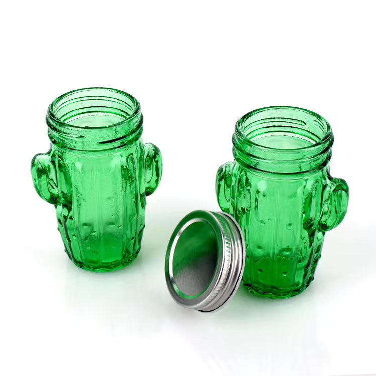 Embossed 100ml Mini Cactus Shape Mason Jar Glass Candy Jar with Lid