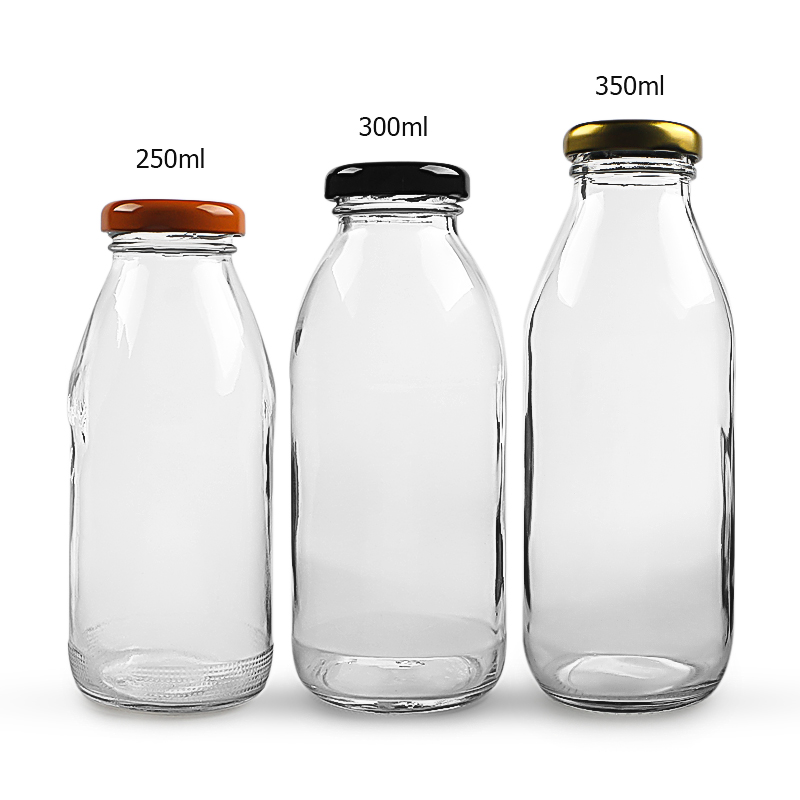 Milk bottle glass beverage bottle 250ml 300ml 350ml round shape bottle with cap