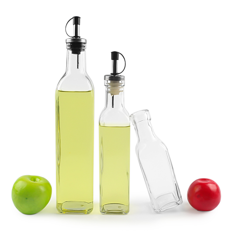 Empty clear square olive oil glass bottle for soy sauce vinegar with nozzle cap