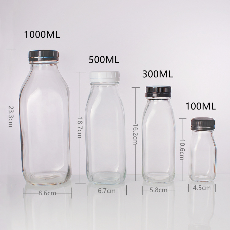 100ml 300ml 500ml 1000ml 16oz Vintage Square Beverage Glass Drinking Bottles With Lids For Kombucha,Tea,Milk,Yogurt