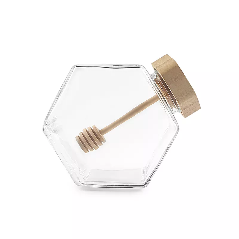 100ml 220ml 380ml Clear Hexagon Glass Honey Jars With Wooden Lid