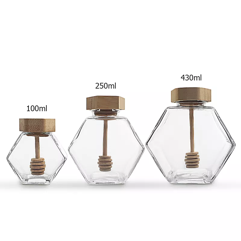 Factory price 100ml 250ml 430ml clear hexagon glass jar with wood lid