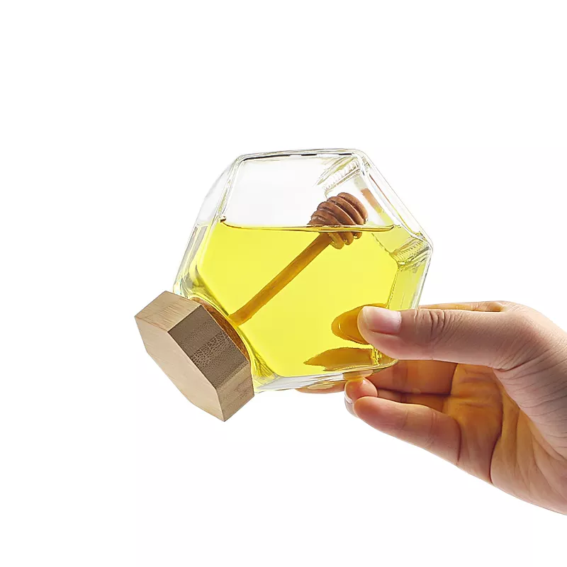 Factory price 100ml 250ml 430ml clear hexagon glass jar with wood lid