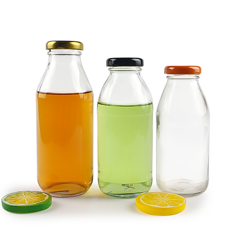 Empty 250ml 300ml 350ml Round Clear Soft Drink Glass Fruit Juice Bottle With Metal Lid