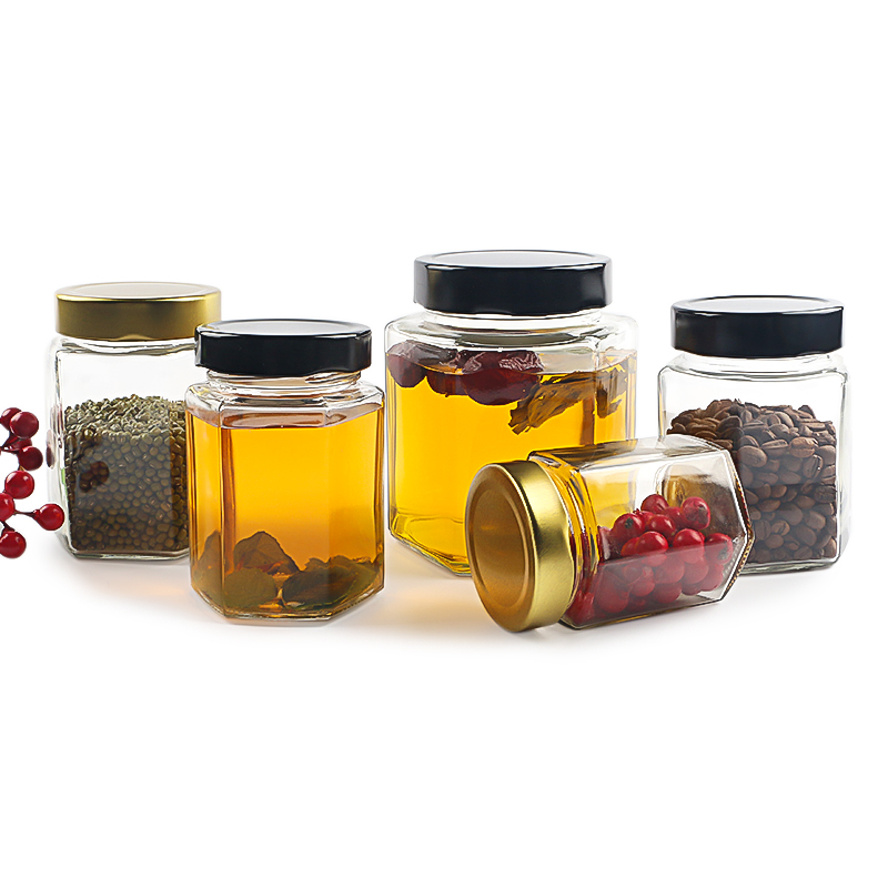 Hexagon shape glass jars 180ml 280ml 380ml 500ml 750ml honey jar with metal deep cap