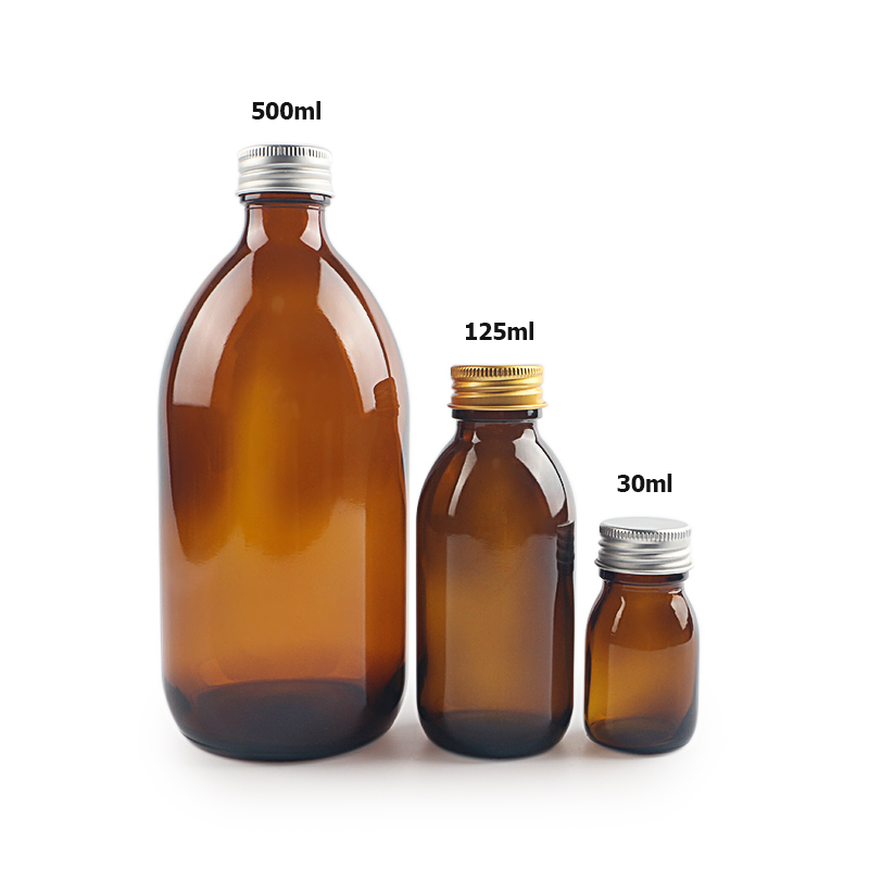 Amber glass bottle oral liquid bottle 50ml 120ml 500ml round shape bottle with aluminum cap