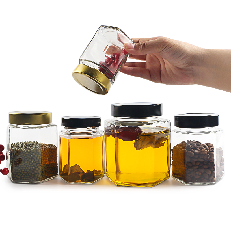 Hexagon shape glass jars 180ml 280ml 380ml 500ml 750ml honey jar with metal deep cap