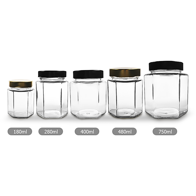 Hexagon shape glass jars 180ml 280ml 380ml 500ml 750ml honey jar with metal deep cap