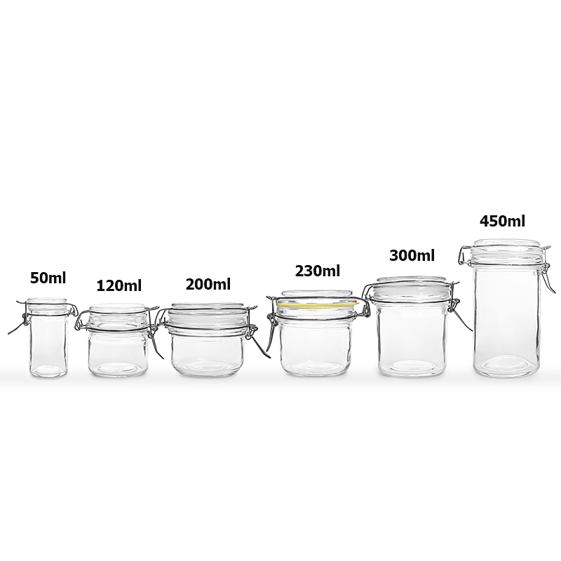 Different sizes 50ml 120ml 200ml 230ml 300ml 450ml clip glass jar oil food storage jar