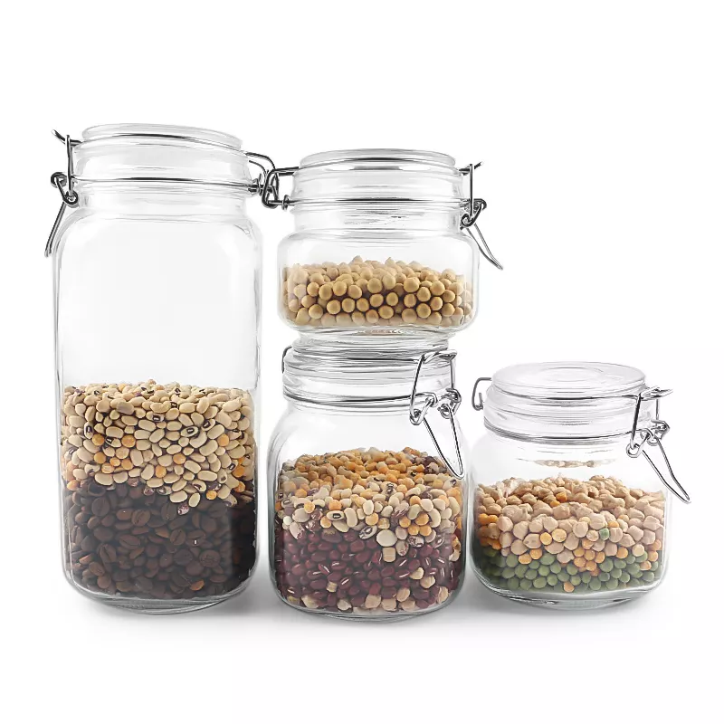 Square 500ml 750ml 1000ml 2000ml clip top glass airtight storage jar with hinged lids for jam spice honey butter