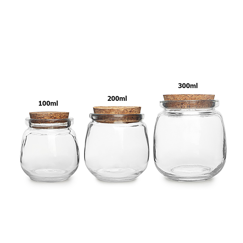 Wholesale 100ml 200ml 300ml Food Storage Glass Jar Cute Transparent Round Shape Pudding Jar with Plastic Lid or Cork