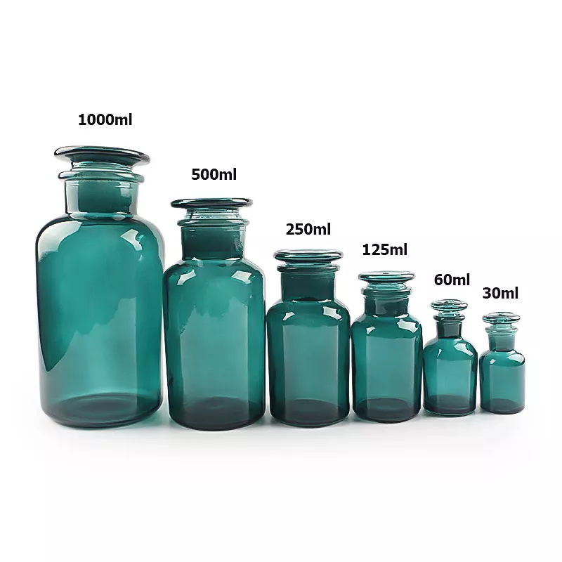 Customer made green color glass reagent bottles for chemical in stocks