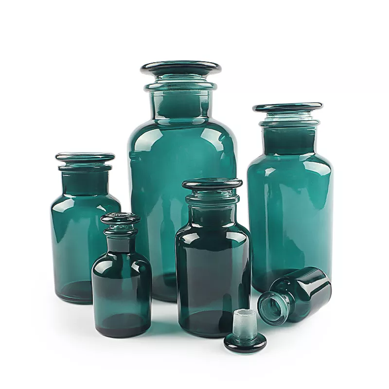 Customer made green color glass reagent bottles for chemical in stocks