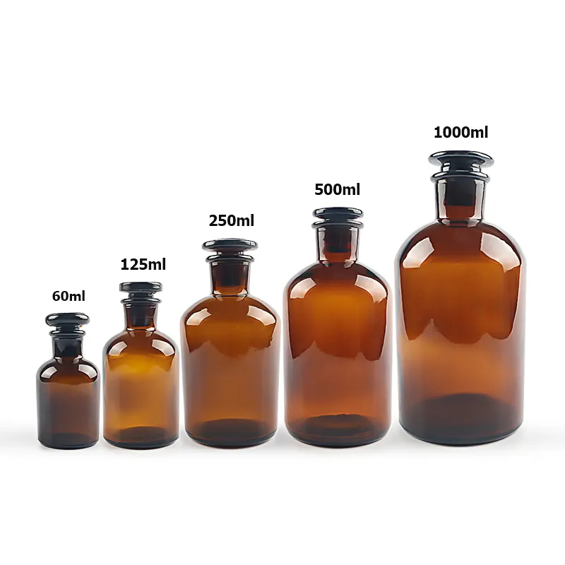 Amber small mouth apothecary glass reagent bottle 30ml-1000ml with glass lid