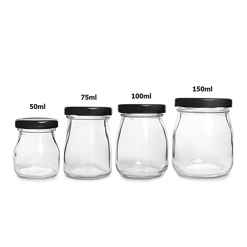 Small pudding jar 50ml 75ml 100ml 150ml glass jars for jam jelly storage with metal lid