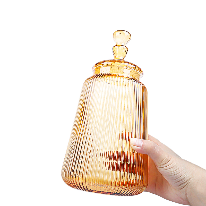 1500ml Luxury Vertical Stripe Blown Glass Storage Jar With Glass Lid