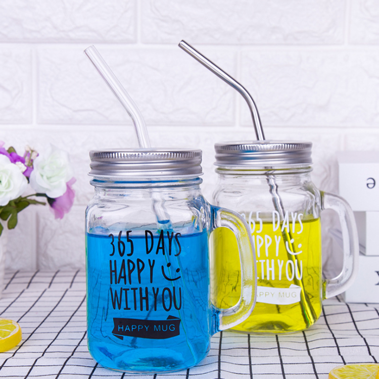 Custom Bulk Drinking Clear Glass Mason Jar Mugs with Lid and Straw, Handle