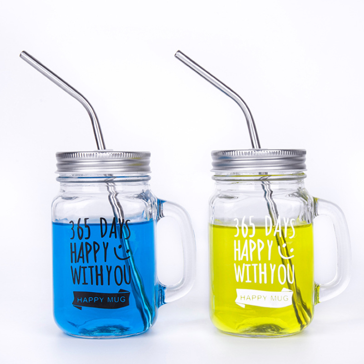 Custom Logo 16oz 480ml cold drink glass mason jar with handle