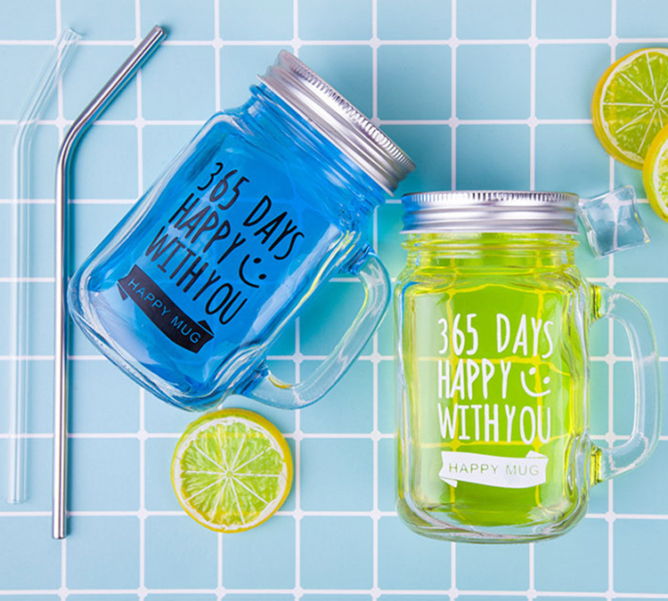 Custom Bulk Drinking Clear Glass Mason Jar Mugs with Lid and Straw, Handle