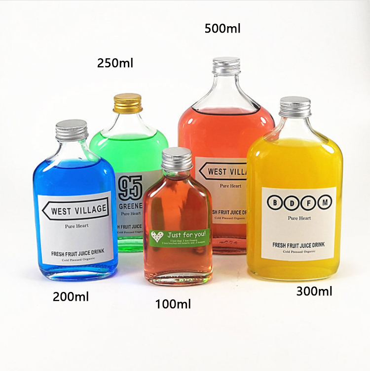 50ml 100ml 200ml 250ml 350ml 500ml Flat Shaped Glass Bottle With Aluminum Lid For Coffee Liquor Wine