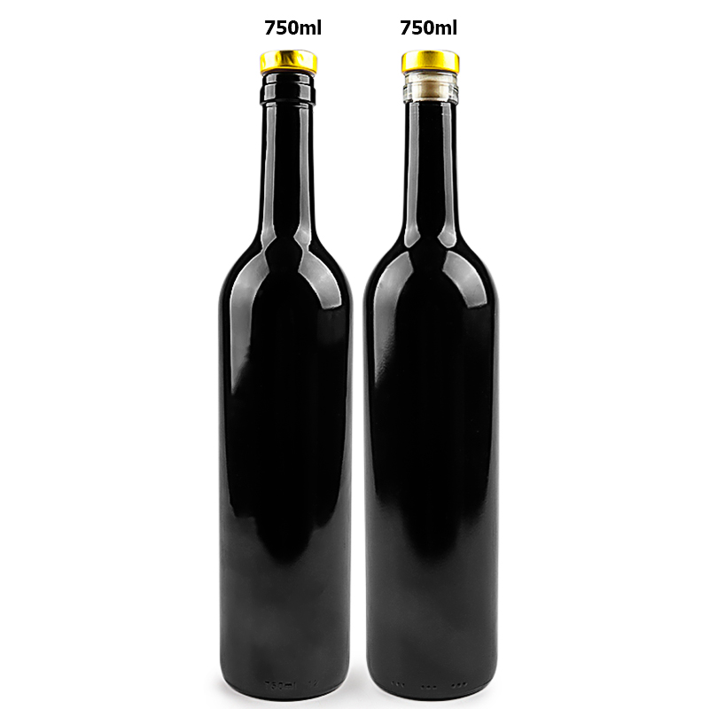 OEM custom shinny black 750ml bordeaux glass wine bottles with cork