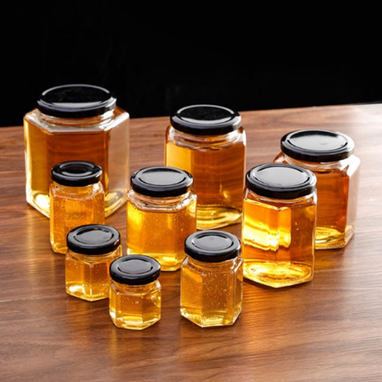 Empty Hexagon Glass Jam Jar 45 85 100 180 280 380 730ml Honey Jar Glass with Twist Off Golden Tin Lid