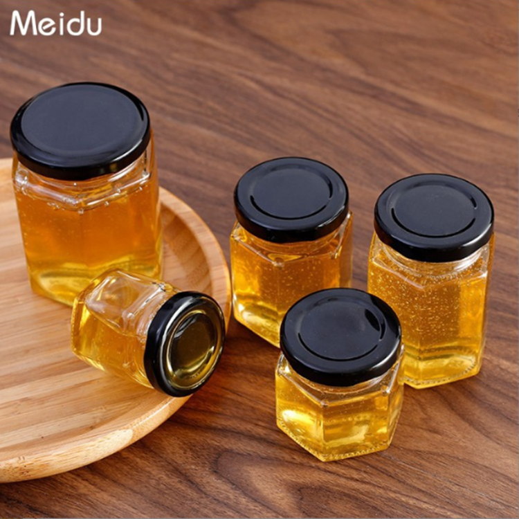 Empty Hexagon Glass Jam Jar 45 85 100 180 280 380 730ml Honey Jar Glass with Twist Off Golden Tin Lid